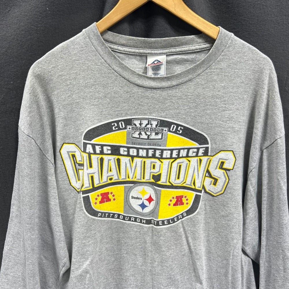 VTG Pittsburgh Steelers Shirt Sz XL Gray Long Sleeve AFC Champions 2005 NFL Y2K